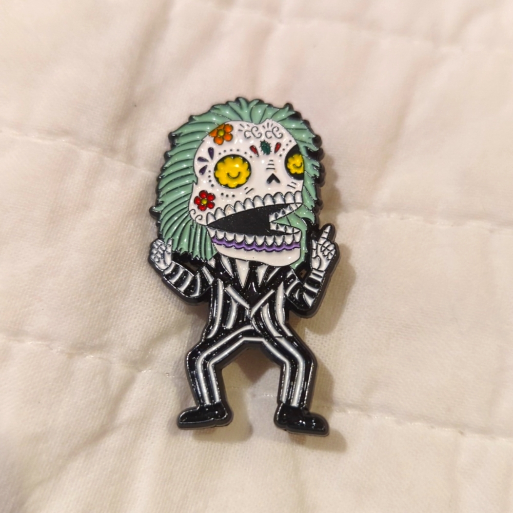 BEETLEJUICE Calavera ENAMEL PIN,Day of the Dead Sugar Skull Design
